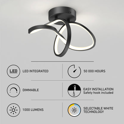 Artikas Loop modern LED flush mount light 3 CCT, shown in black on a white ceiling, features integrated LEDs (50,000 hours), 1000 lumens, selectable white technology, dimmable function, and easy installation.