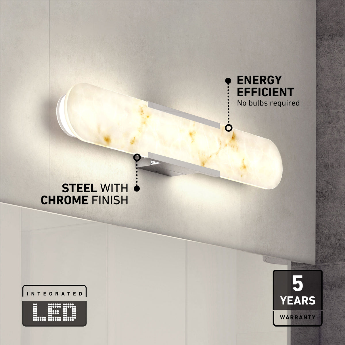 A wall-mounted LED light bar with a marble-like finish and chrome accents is lit on a gray wall. Text highlights its energy efficiency, steel with chrome finish, integrated LED, and 5-year warranty.
