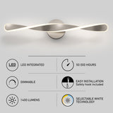 Modern, twisted LED wall light fixture is shown above icons and text describing features: LED integrated, 50,000 hours, dimmable, easy installation, 1400 lumens, and selectable white technology.