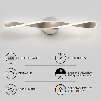 The Artika Finley LED modern bathroom vanity light 3 CCT features a twisted bar design, integrated LED, 50,000-hour lifespan, dimmability, easy installation, 1400 lumens output, and selectable white color technology.