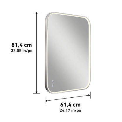 Rectangular wall mirror with rounded corners, illuminated edges, and touch buttons on the lower left. Dimensions: 81.4 cm (32.05 in) tall and 61.4 cm (24.17 in) wide.