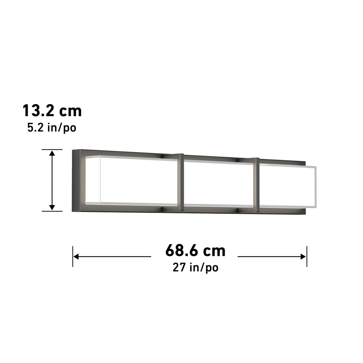 Rectangular wall-mounted light fixture with three glass panels and metal frame, measuring 13.2 cm (5.2 in) in height and 68.6 cm (27 in) in width, shown with measurement arrows.