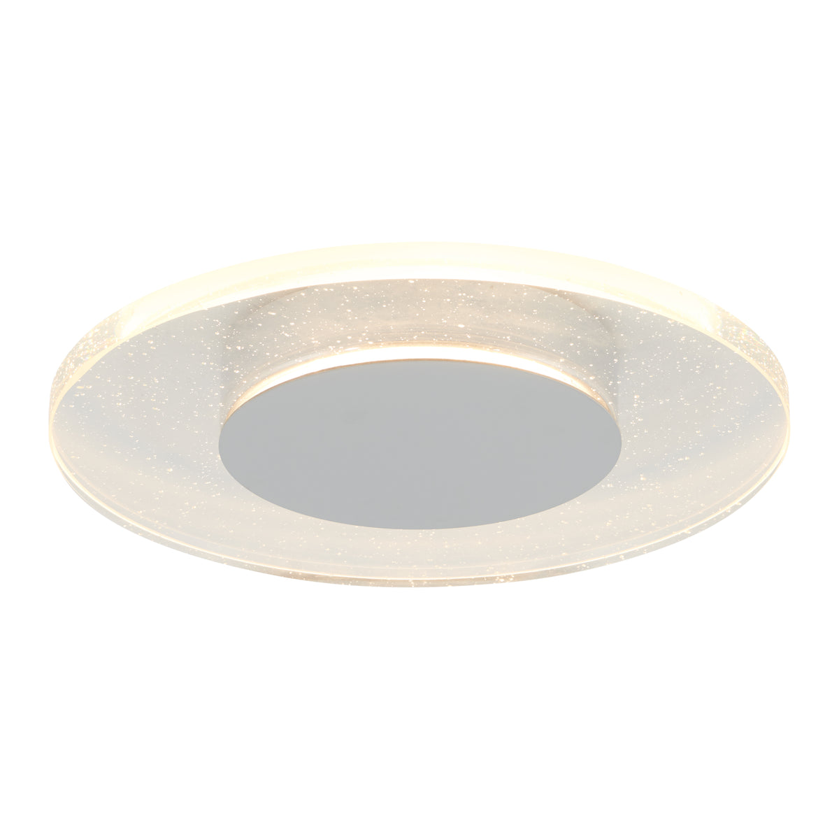 A modern, round ceiling light fixture with a frosted, translucent outer ring speckled with tiny dots and a metallic silver center.