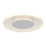 A modern, round ceiling light fixture with a frosted, translucent outer ring speckled with tiny dots and a metallic silver center.