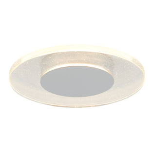The Artika Essence Disk LED flush mount features a modern round design with a frosted, sparkle-accented outer ring and a smooth reflective center, emitting a soft, even glow.
