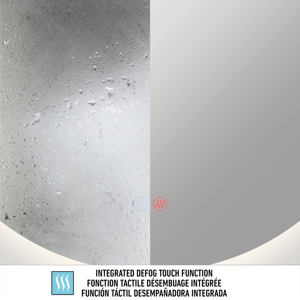 The Artika Raya 24 in. LED mirror 3 CCT with defogger is shown half fogged and half clear, demonstrating its integrated touch defog feature. Icons and text in English, French, and Spanish appear below the mirror.
