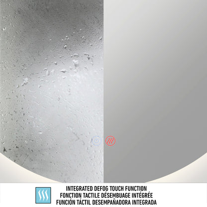The Artika Raya 24 in. LED mirror 3 CCT with defogger is shown half fogged and half clear, demonstrating its integrated touch defog feature. Icons and text in English, French, and Spanish appear below the mirror.