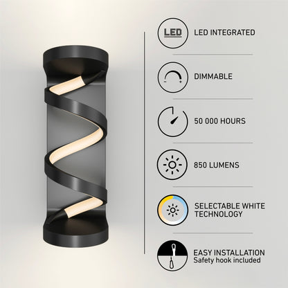 Artika Swirl indoor-outdoor LED wall light features integrated LED, dimmable, 50,000-hour lifespan, 850 lumens, selectable white tech, and easy installation with safety hook included.