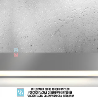The Sofia LED mirror 3 CCT with defogger by Artika features a fogged-up surface with water droplets, a clear area below touch icons, and a blue defog symbol. Text below states Integrated Defog Touch Function in English, French, and Spanish.
