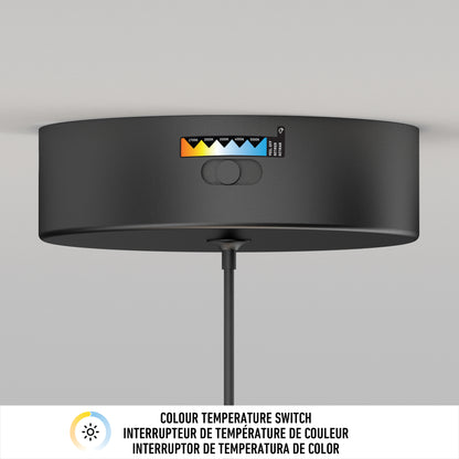 The Artika Catena LED pendant light 5 CCT is a black, ceiling-mounted fixture with a color temperature switch. A cord hangs down, and a diagram below displays the switch feature labeled in English, French, and Spanish.