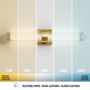 Artika Dorado 27″ LED Wall Vanity, 5CCT (2700K-5000K), tri-lingual labels—ideal dimmable bathroom lighting.