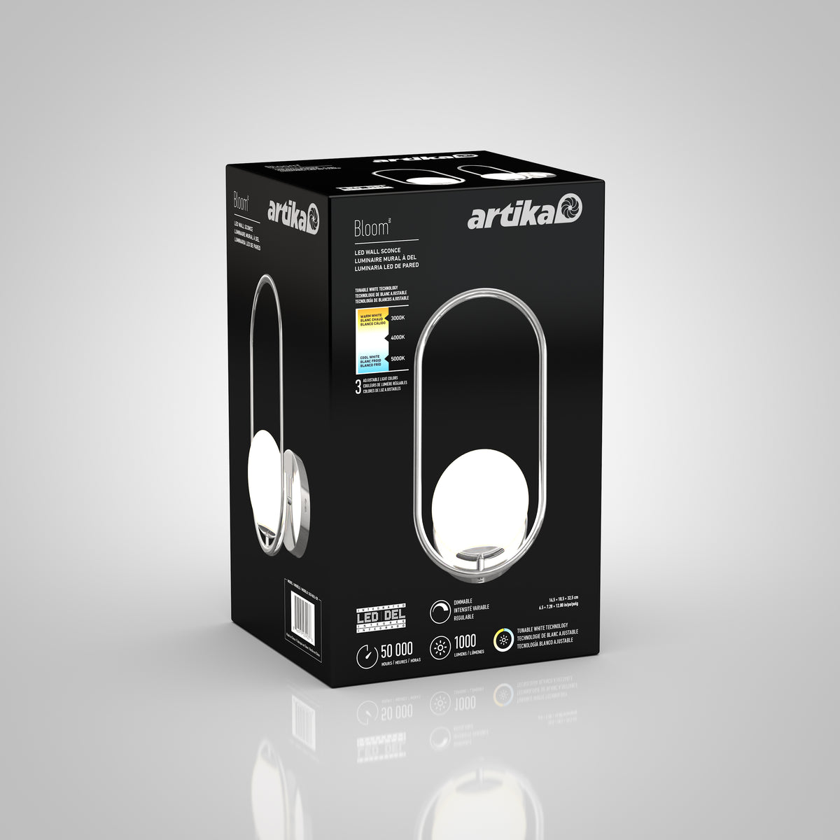 The black box packaging for the Artika Bloom LED Sconce 3 CCT displays an image of the oval-shaped lamp, product details, energy ratings, and icons showcasing lifespan, light quality, and LED features.