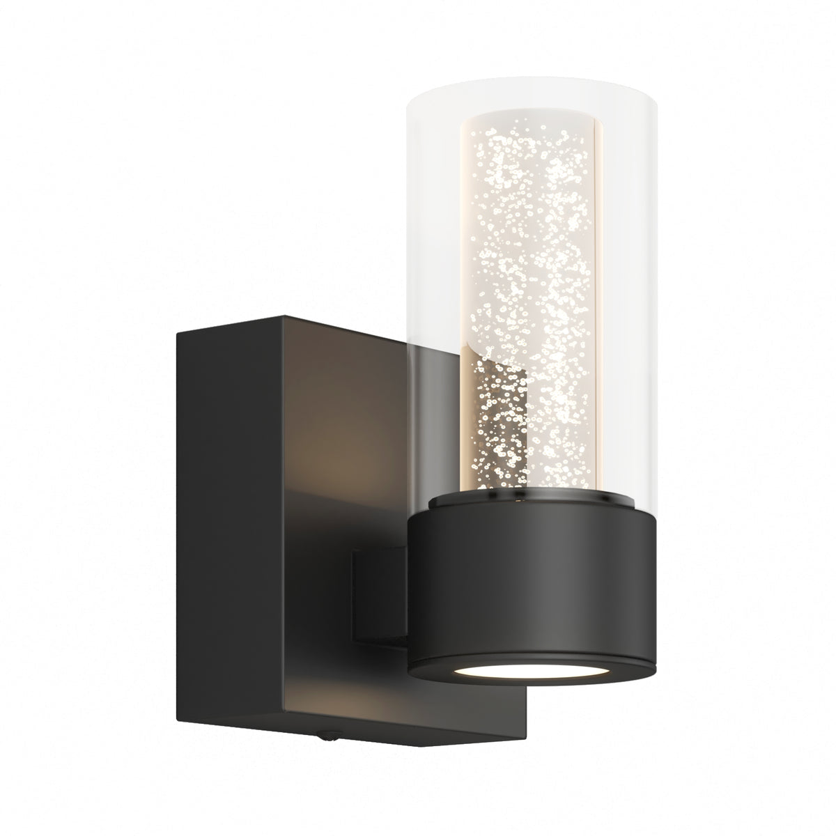 Modern wall sconce with a black square base and a cylindrical glass shade filled with small bubbles, housing a vertical LED light inside.