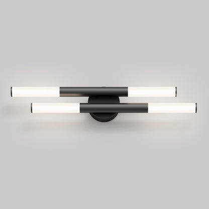 The Artika Boro LED modern bathroom vanity light 5 CCT features dual parallel cylindrical lights with white diffusers and black mounts, designed for wall-mounting and showcased against a simple grey background.
