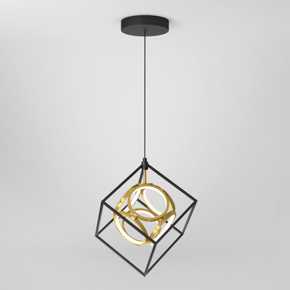 The Artika Mini Luxury LED pendant light features a modern black cube frame with gold circular rings inside, suspended from a black ceiling mount by a single cord, set against a white background.