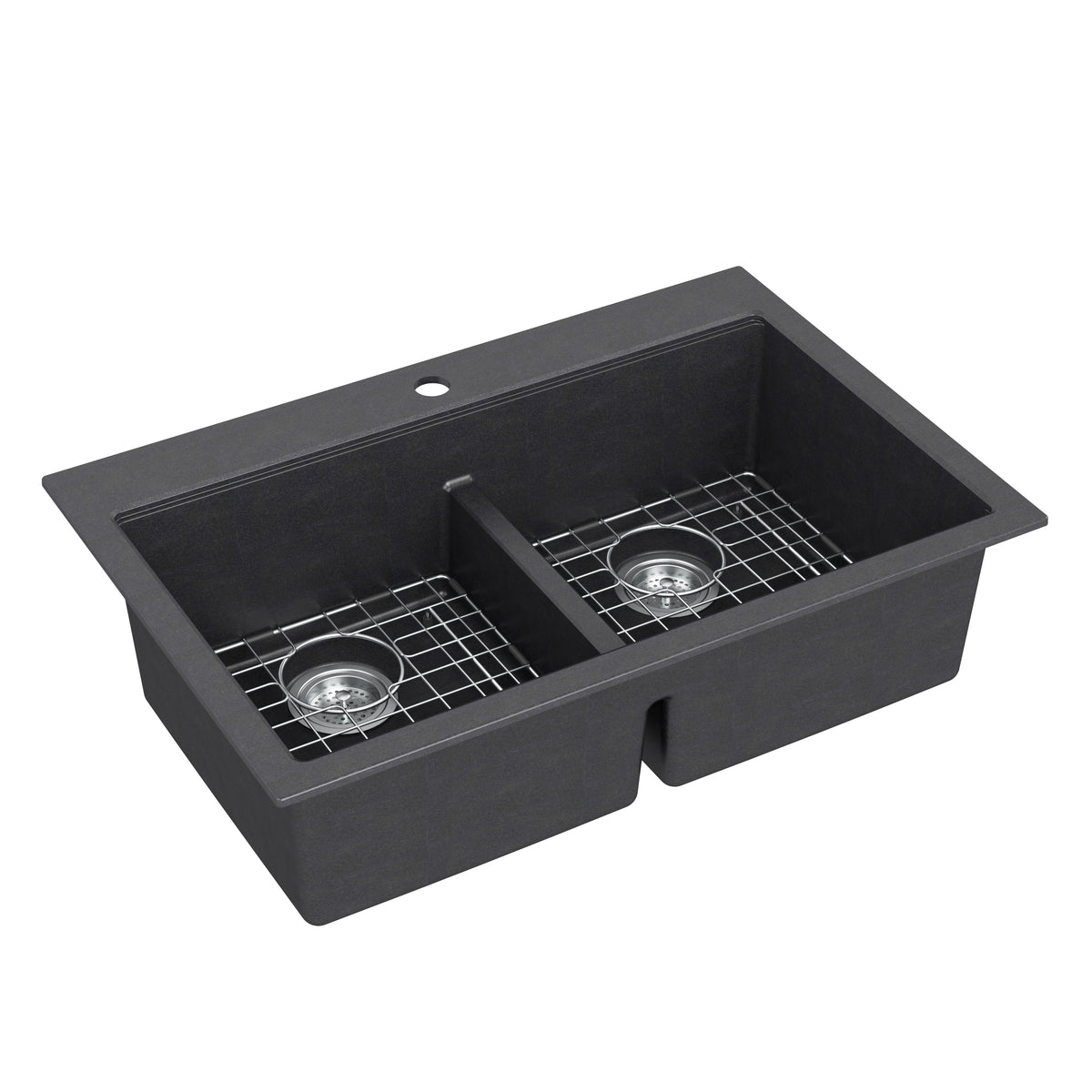 Artika Baycrest 33″ black double-bowl kitchen sink with central divider, metal grids, and one faucet hole.