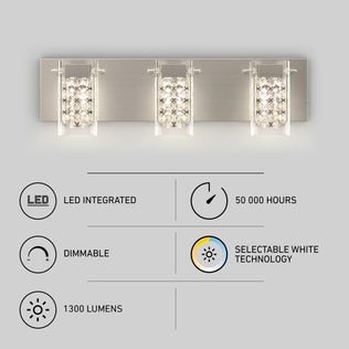 The Artika Crystal Cube LED bathroom vanity light 5 CCT, a modern fixture with crystal accents, features integrated LEDs, selectable white technology, 1,300 lumens brightness, dimming capability, and a 50,000-hour lifespan.