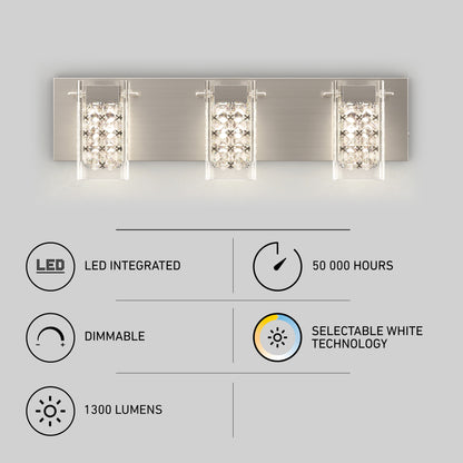 The Artika Crystal Cube LED bathroom vanity light 5 CCT, a modern fixture with crystal accents, features integrated LEDs, selectable white technology, 1,300 lumens brightness, dimming capability, and a 50,000-hour lifespan.