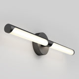 A modern wall-mounted LED light fixture with a cylindrical black base and two long, horizontal glowing white bars, mounted against a plain light gray wall.