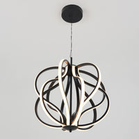 The Artika Meridian LED pendant light features intertwined, curved black metal bands with integrated LED strips, suspended from the ceiling against a plain white background.