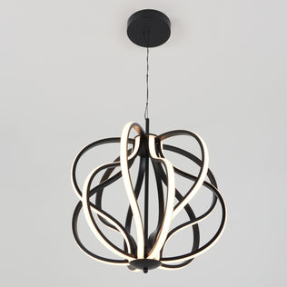 The Artika Meridian LED pendant light features intertwined, curved black metal bands with integrated LED strips, suspended from the ceiling against a plain white background.
