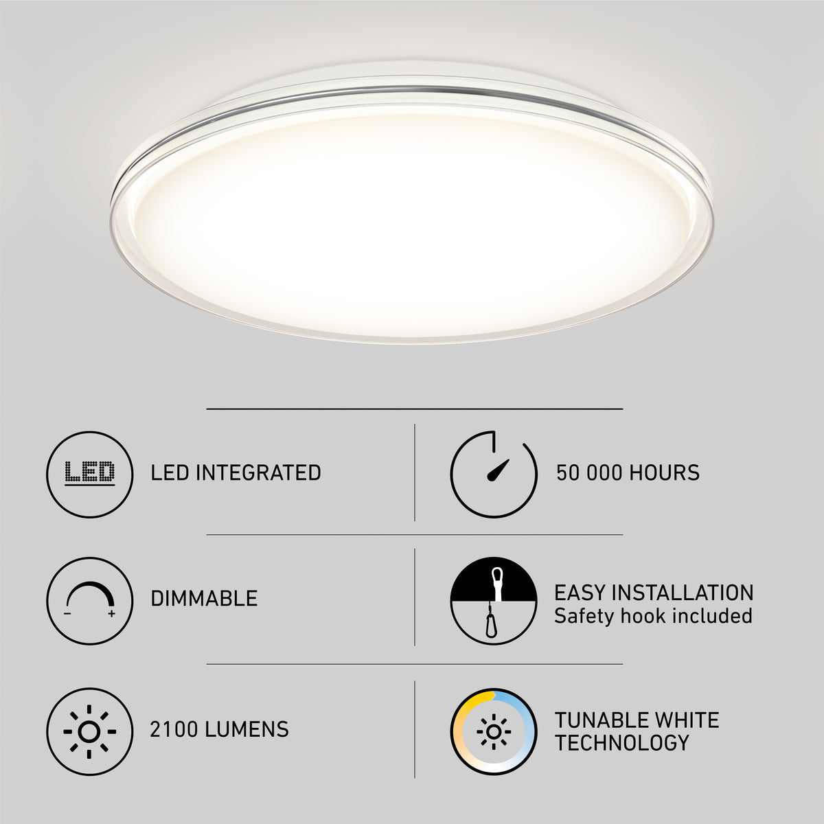 Ceiling-mounted round LED light fixture with icons and text describing features: LED integrated, 50,000 hours, dimmable, easy installation, 2,100 lumens, and tunable white technology.