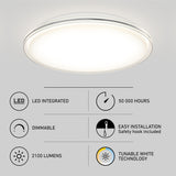 Ceiling-mounted round LED light fixture with icons and text describing features: LED integrated, 50,000 hours, dimmable, easy installation, 2,100 lumens, and tunable white technology.