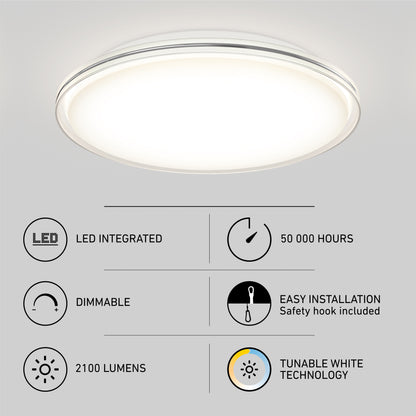 The Artika Astrid 16.5 in. LED flush mount light features 5 CCT tunable whites, integrated LEDs with 50,000-hour lifespan, 2100 lumens, dimmable settings, easy installation with safety hook, and comes with a remote.