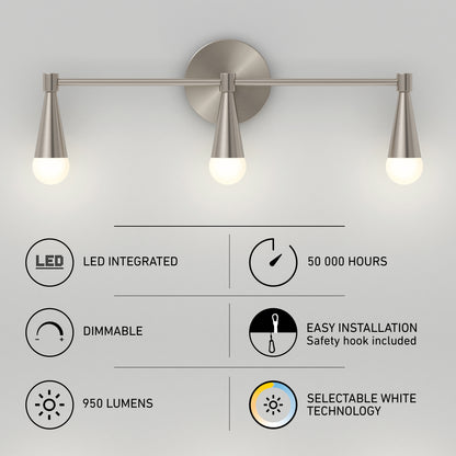 The Artika Wayden LED mid-century bathroom vanity light 3 CCT, in brushed nickel, features integrated LEDs (50,000-hour lifespan), 950 lumens, selectable white technology, dimmable function, and easy installation.