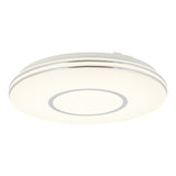 A round, modern LED ceiling light with a sleek design, featuring a glowing white center and a thin metallic ring around the edge.