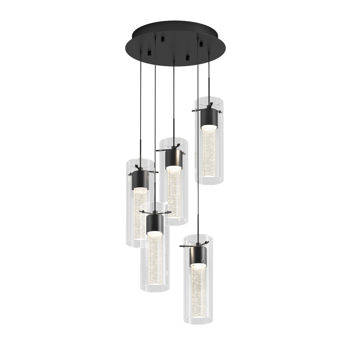 A modern ceiling pendant light with five cylindrical glass shades hanging at different heights from a round black base, featuring metallic accents and illuminated interior rods.