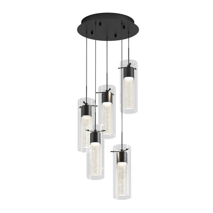 The Artika Essence 5-light LED pendant features five cylindrical glass shades suspended at different heights from a round black mount, emitting a soft, glowing light for a modern touch.