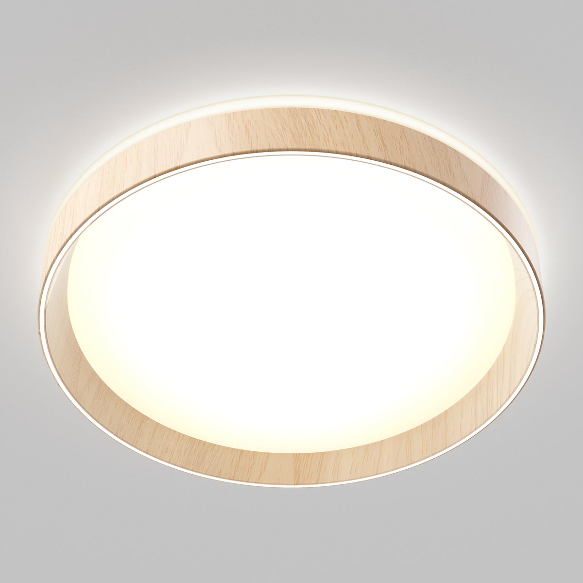 A modern, round ceiling light with a wooden trim and a glowing white center, mounted on a light gray ceiling. The light emits a soft, even illumination.