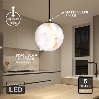 Artika Selena LED contemporary pendant light 3 CCT, ideal for kitchen islands, labeled features, and a 5-year warranty badge.