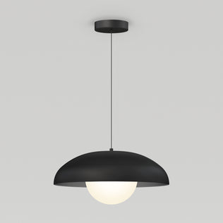 The Artika Boden LED modern mid-century pendant light 3 CCT features a black dome-shaped shade and glowing white bulb, hanging by a thin black cord against a plain light gray background.