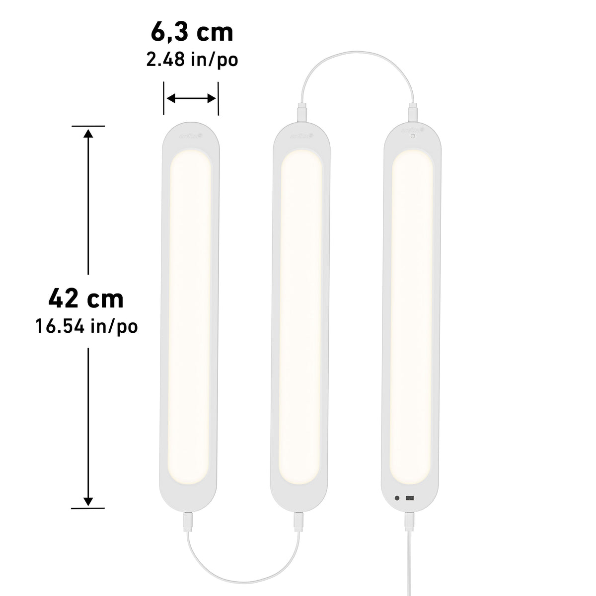 Artika Impulse Under-Cabinet LED Light RGB+CCT, 3 bars (42x6.3 cm), remote control, labels in cm/inch.