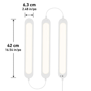 Artika Impulse Under-Cabinet LED Light RGB+CCT, 3 bars (42x6.3 cm), remote control, labels in cm/inch.