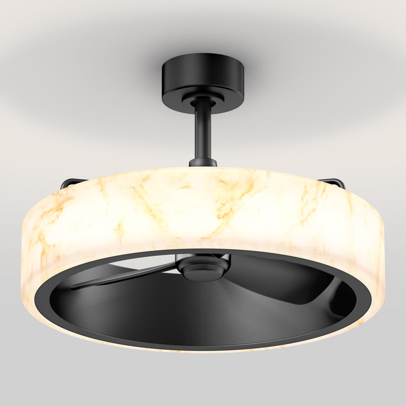 The Artika Selena 23 in. LED modern ceiling fan features black blades, a dimmable marble-patterned light, and includes a remote.