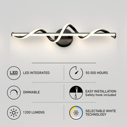 The Artika Coda modern LED bathroom vanity light features a wave design, 5 selectable white color temps, integrated LED with 50,000-hour lifespan, dimmable function, easy installation, and 1200 lumens. Icons show each feature.