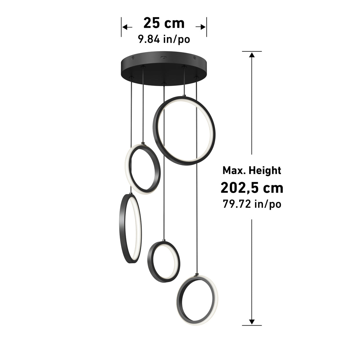 Modern pendant light fixture with four circular LED rings hanging at different heights from a round black ceiling base. Dimensions: base diameter 25 cm (9.84 in), maximum hanging height 202.5 cm (79.72 in).