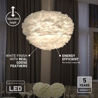 An Artika Plume LED pendant light featuring a fluffy white design with adjustable height, integrated LEDs, and a 5-year warranty.