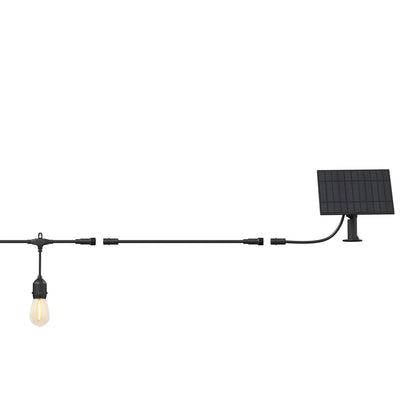 The Artika Blaze 20 LED Outdoor Solar String Lights feature a black weather-resistant design with single hanging bulbs connected to a rectangular solar panel on a short bracket, perfect for stylish outdoor lighting.