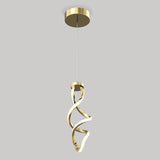 A modern gold pendant light with a spiral, twisted metal design hangs from a thin cord and circular ceiling mount against a plain gray background.