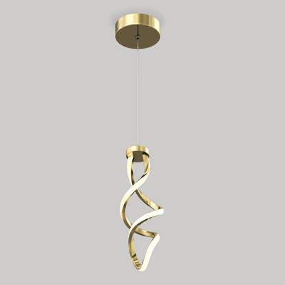 A modern gold pendant light with a spiral, twisted metal design hangs from a thin cord and circular ceiling mount against a plain gray background.