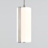 A modern cylindrical pendant light with a frosted white glass shade and a brushed metal accent, hanging from a ceiling against a plain light gray background.