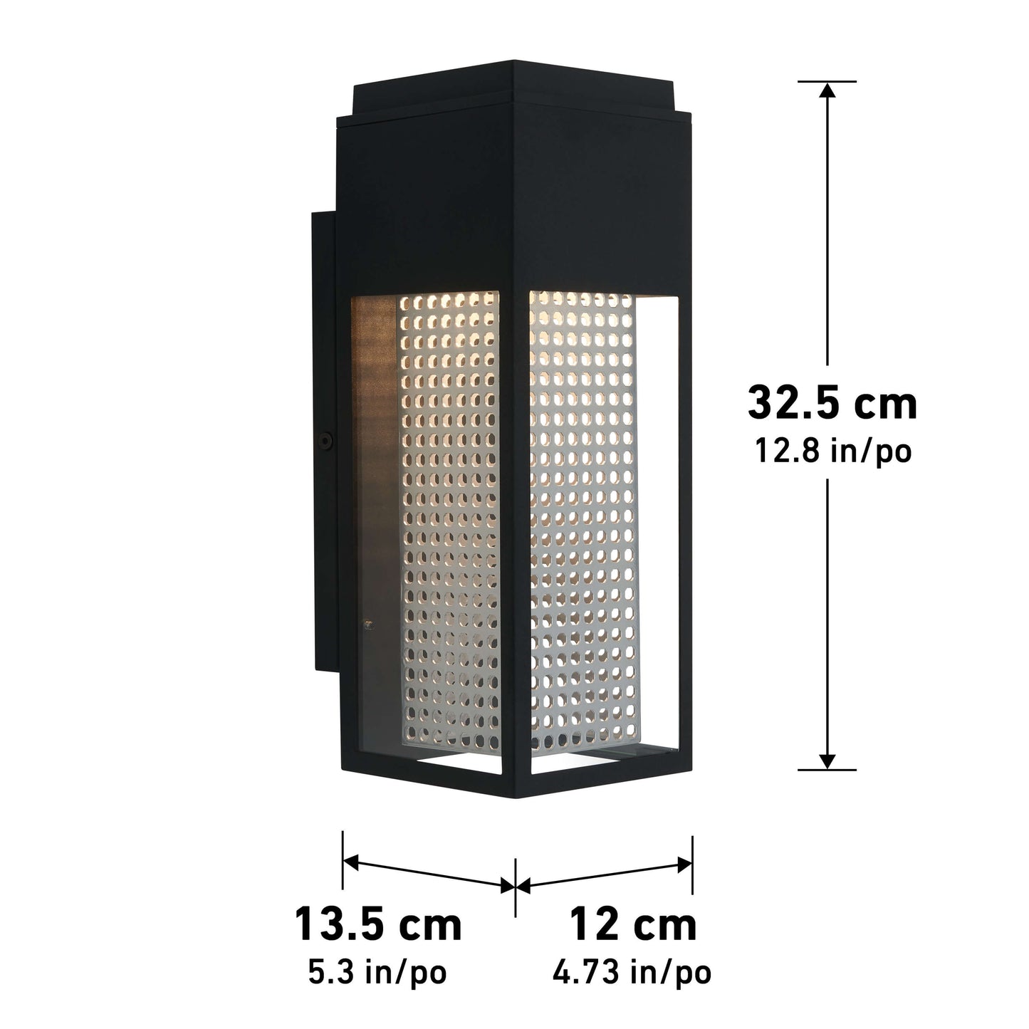 The Meteor LED indoor/outdoor wall light by Artika-CAN-dev features a rectangular black design with perforated metal sides and top light emission. Dimensions: 32.5 cm (12.8″) tall, 13.5 cm (5.3″) deep, 12 cm (4.7″) wide.