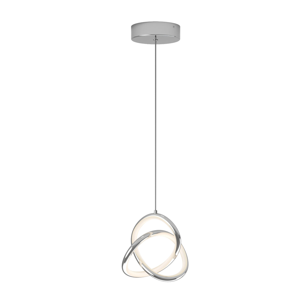 A modern pendant light with three interlocking, illuminated metal rings hanging from a thin cord attached to a round ceiling mount. The design is sleek and contemporary.