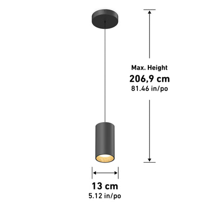 Artikas Alton mini LED pendant light 5 CCT features a cylindrical black shade (13 cm/5.12 in diameter), hangs from a ceiling mount, and offers a maximum hanging height of 206.9 cm (81.46 in).