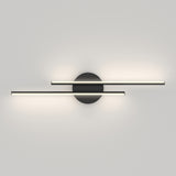 A modern wall light fixture with two slim, horizontal LED bars intersecting at a central, circular black base, casting soft illumination on a plain white wall.