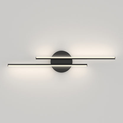 The Artika Cisco modern LED bathroom vanity light 5 CCT features two minimalist horizontal light bars crossing a black circular base, providing soft white illumination for contemporary spaces.